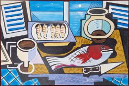 Peter Maddocks (British Cartoonist, 1928-2024), acrylic on board of cubist fish,