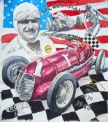 Phillip Dutton-White (d.2022), watercolour of Racing Legend Wilbur Shaw in his Maserati 8CTF ‘