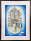 Peter Maddocks (British Cartoonist, 1928-2024), acrylic on board of an angel waiting at the gates