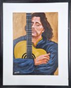 Peter Maddocks (British Cartoonist, 1928-2024), acrylic on board of a guitarist