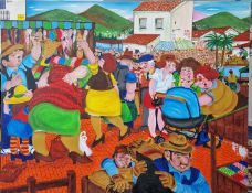 Peter Maddocks (British Cartoonist, 1928-2024), acrylic on canvas, 'Market Day'