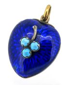 An antique turquoise and enamel heart pendant, a blue enamelled heart with foliate overlay set