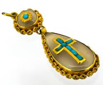 A Victorian Etruscan revival turquoise and white chalcedony pendant, the pear shaped white
