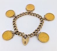 A 9ct gold bracelet with five full soverigns, a curb bracelet with heart padlock and safety chain