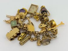 A 9ct gold charm bracelet with charms, the bracelet with heart padlock & safety chain and twenty-