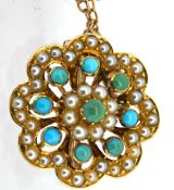 An Edwardian turquoise and pearl pendant brooch with chain, the flowerhead pendant set with