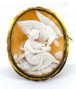 A cameo brooch, the cameo carved to depict the Greek Goddess Hebe feeding the eagle of Zeus, plain &
