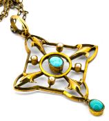 An Edwardian turquoise and seed pearl necklace, the pendant of openwork form, milgrain collet set