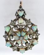 A Victorian opal and diamond openwork brooch pendant, claw set with heart-shaped opals, interspersed