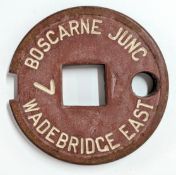 A Tyer's No6 fibre single line tablet BOSCARNE JUNC - WADEBRIDGE EAST, stamped 'Not in Use' verso.