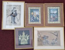 A Japanese ink on paper image of a Samurai, together with three prints of oriental images