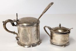 Two silver mustard pots with blue glass insert and spoons, larger one hallmarked Exeter 1853/1861