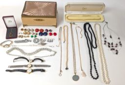 A collection of costume jewellery and jewellery box, including a variety of earrings, necklaces