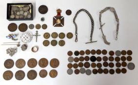 A mixed collection of antique coins, accessories, and a Queen Victoria Diamond Jubilee medal