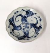 A Japanese blue and white Imari dish with mark on base.