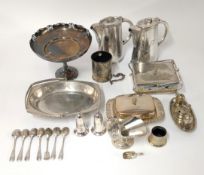 Collection of various silver-plated wares, including sardine dish, comport, coffee pots etc.