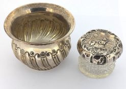 A small Victorian silver pot, hallmarked Birmingham 1898, weight approx. 2.47, and a small glass pot