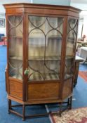 An Edwardian mahogany display cabinet with inlayed foliate motif, single glazed door on turned leg