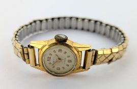 A vintage 18k gold cased ladies wristwatch, MuDu, gold plated stretch bracelet