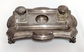 A silver ink stand with twin glass and silver ink pots, ink stand hallmarked London 1876