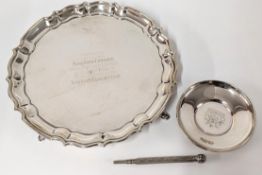 A small silver salver, hallmarked Sheffield 1973, and a silver dish, hallmarked Birmingham 1929