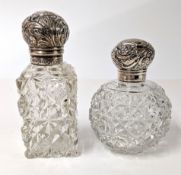 Two glass and silver mounted scent bottles, hallmarked Birmingham 1900/1901. (2).