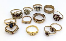A group of thirteen rings, including twelve 9ct gold rings, hallmarked/375/marked 10k