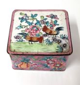 Enamelled square box and cover, of Chinese design, size 8cm x 8cm.