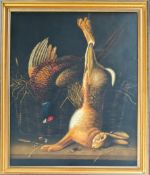 A 20th century decorative antique-style oil painting of game larder with hare and pheasant, untitled
