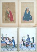 A pair of Chinese domestic scenes painted on pith paper, accompanied with a pair of seated men