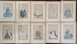 A set of ten Chinese paintings of seated male figures on silk/linen, framed and glazed