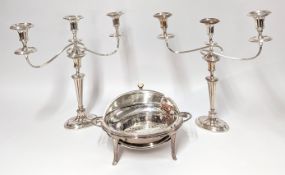 A pair of silver-plated three branches candelabra, height 46cm, together with a silver-plated