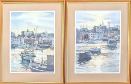 A pair of Michael Hill (Plymouth artist), watercolours of boats on the Barbican, signed bottom left