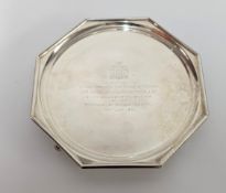 George V London silver waiter, presented to the Mayor of Plymouth, J. Clifford Tozer J.P