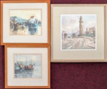 Michael Hill (Plymouth artist), watercolour of a Plymouth street, signed bottom left, Barbican