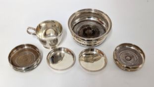 Three silver wine bottle coasters, together with a modern silver cup and a pair of silver pin dishes
