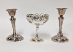 A George V silver and pierced stand dish, height 30cm, weight approx. 3.8oz, together with a pair