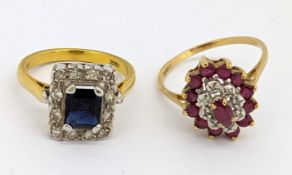 Two dress rings, including a rectangular sapphire and diamond cluster ring, marked 18ct