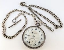 A silver pocket watch on a silver guard chain, roman enamel dial, maker 'A. Yewdall, Leeds'