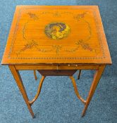 An Edwardian painted satinwood work table, with painted 1780's lady with red feather plumed hat