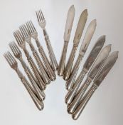 A silver fish service, hallmarked Sheffield 1920/1923, comprising six knives and six forks