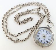 A white metal ladies fob watch on a white metal chain, impressed marks to clasp, the roman enamel