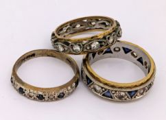 A group of three eternity style bands, including two full eternity style bands set with paste