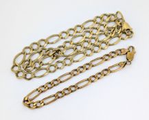 A 9ct gold figaro chain and a 9ct gold figaro bracelet, Import marks 375, lengths 48cm & 21cm