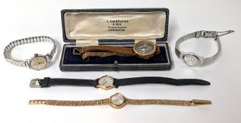 A collection of five wristwatches, to include 9ct cased Rotary watch, vintage 9ct cased ladies