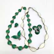 David Anderson & other enamelled jewellery, including a green enamelled double leaf brooch, marked