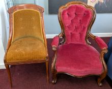 Two 19th century-style upholstered chairs with scroll carving. (2)