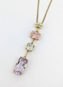 A multi-coloured drop pendant and 9ct gold chain, the articulated pendant