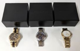 Three modern Michael Kors dress watches with roman dial and chronograph, in boxes. (3).