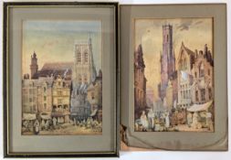 A pair of Charles Rouse, watercolours of French town scenes, one framed, other unframed and mounted,